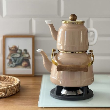 طقم إبريق شاي مزدوج لون بيج